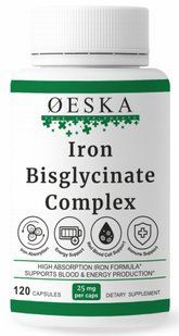 Залізо бісгліцинат 25 мг комплекс 120 капсул Oeska Iron Complex | Залізо Бісгліцинат 25 мг + Вітамін C + B12 + Мідь | Для підтримки гемоглобіну та енергії. 600187363 фото